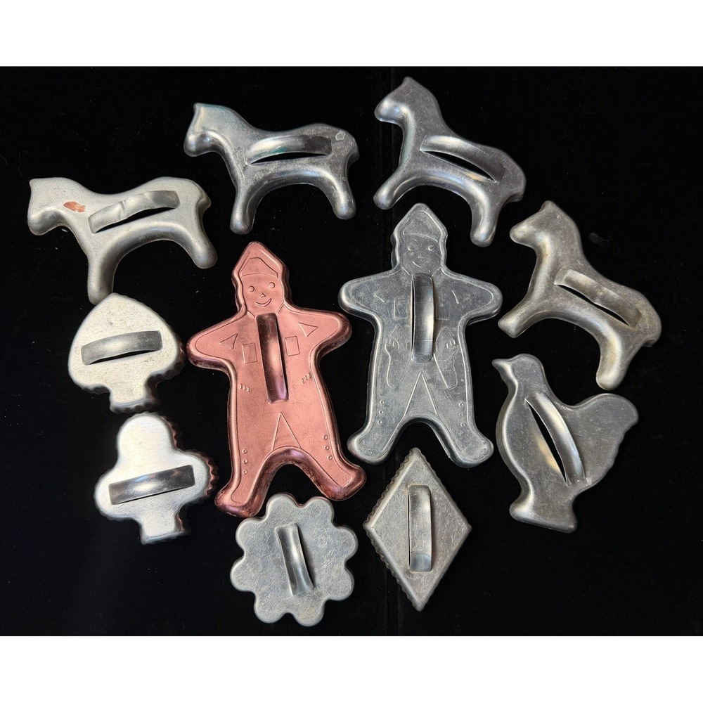 Vintage Aluminum Cookie Cutters Set of 11 Horses Gingerbread Men Bird Card Suits